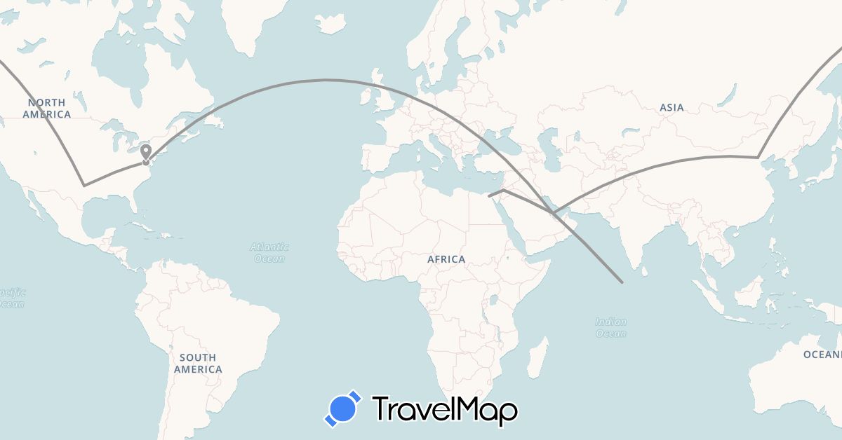TravelMap itinerary: driving, plane in China, Egypt, Jordan, Maldives, Qatar, United States (Africa, Asia, North America)
